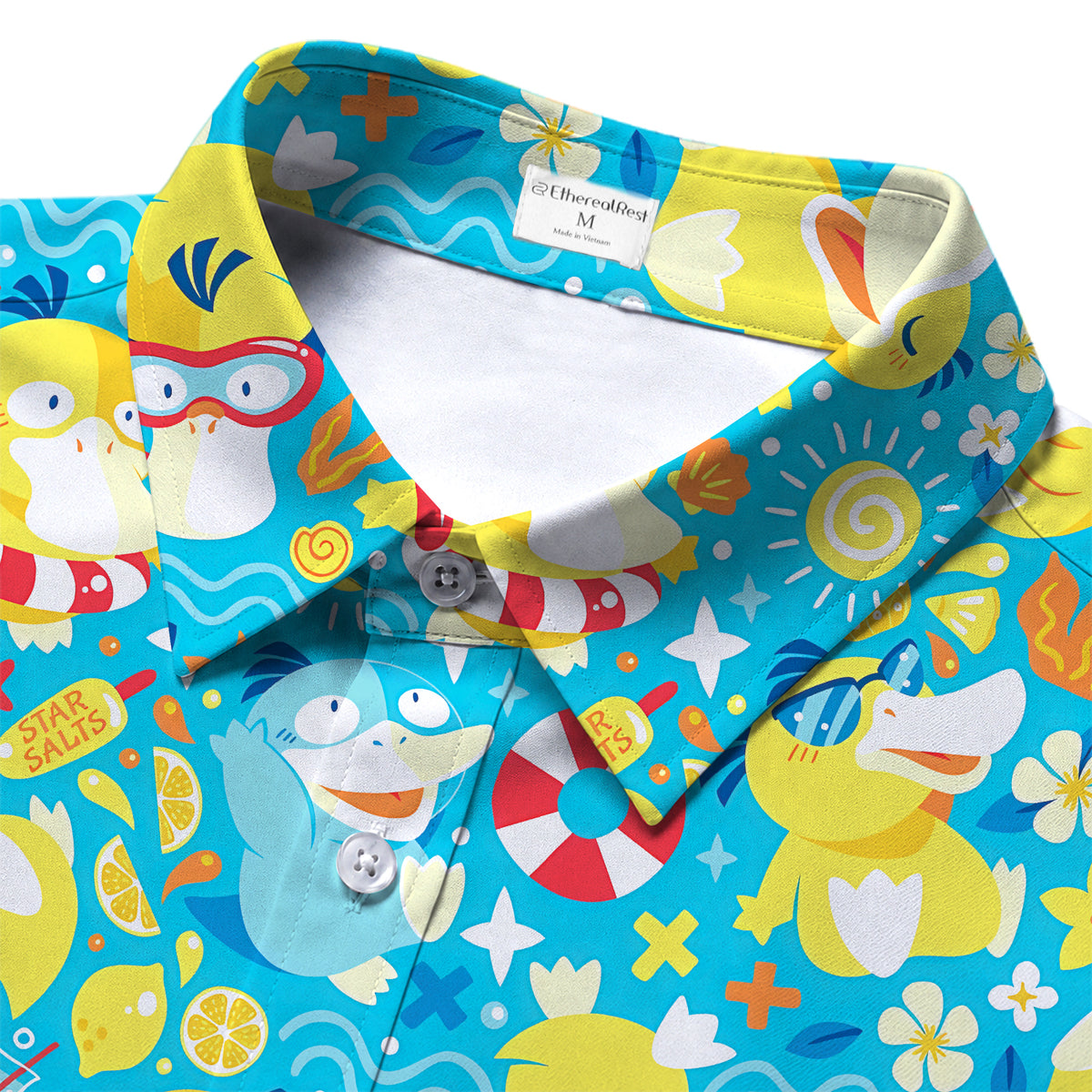 Men’s Pokémon Psyduck Summer Beach Pattern Short Sleeve Button-Up Shirt