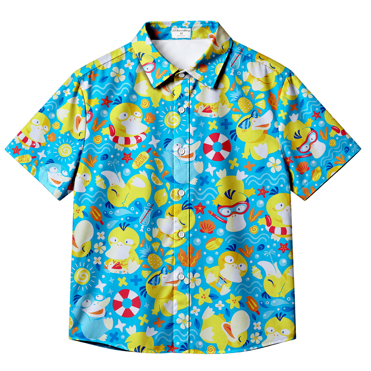 Men’s Pokémon Psyduck Summer Beach Pattern Short Sleeve Button-Up Shirt