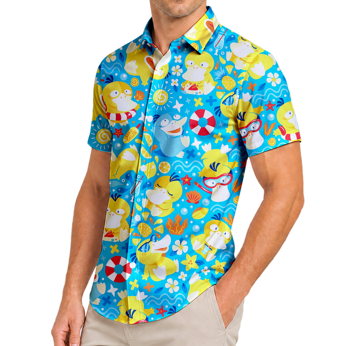 Men’s Pokémon Psyduck Summer Beach Pattern Short Sleeve Button-Up Shirt