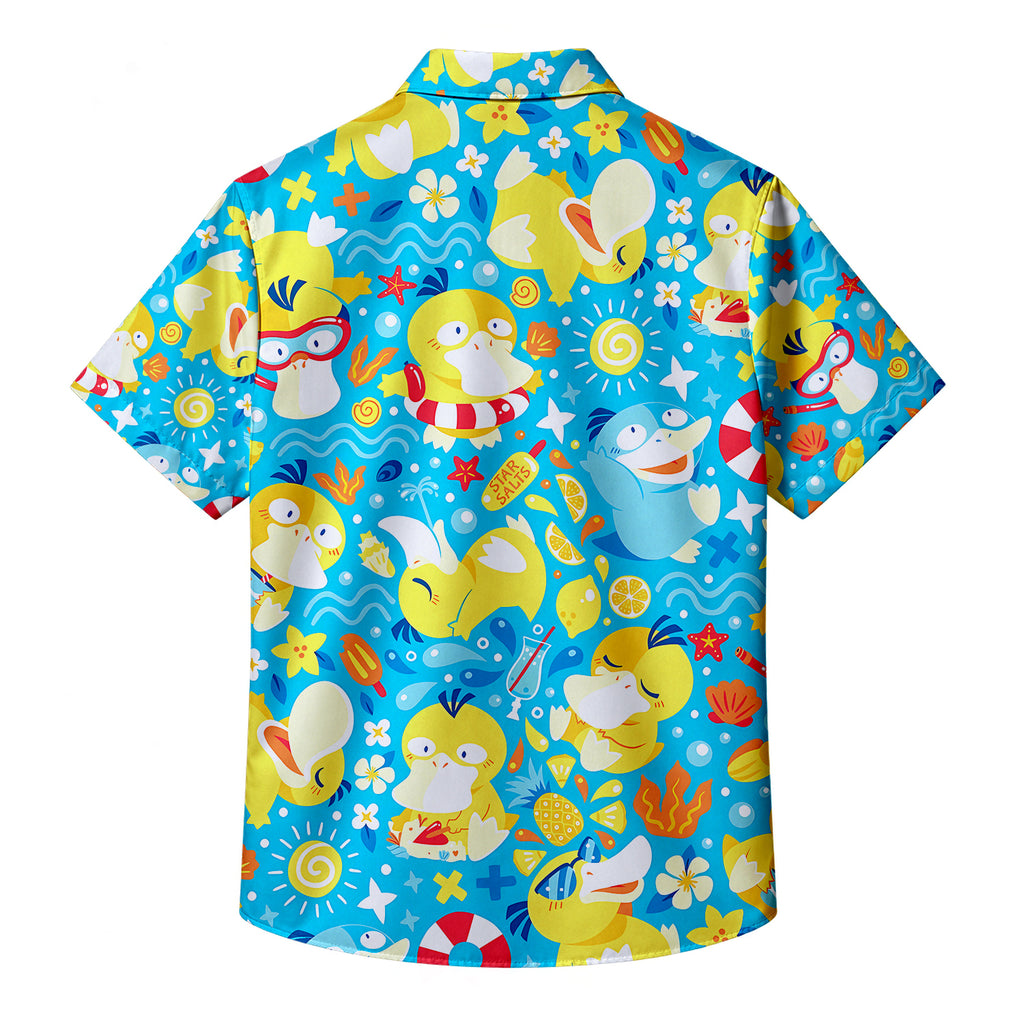 Men’s Pokémon Psyduck Summer Beach Pattern Short Sleeve Button-Up Shirt