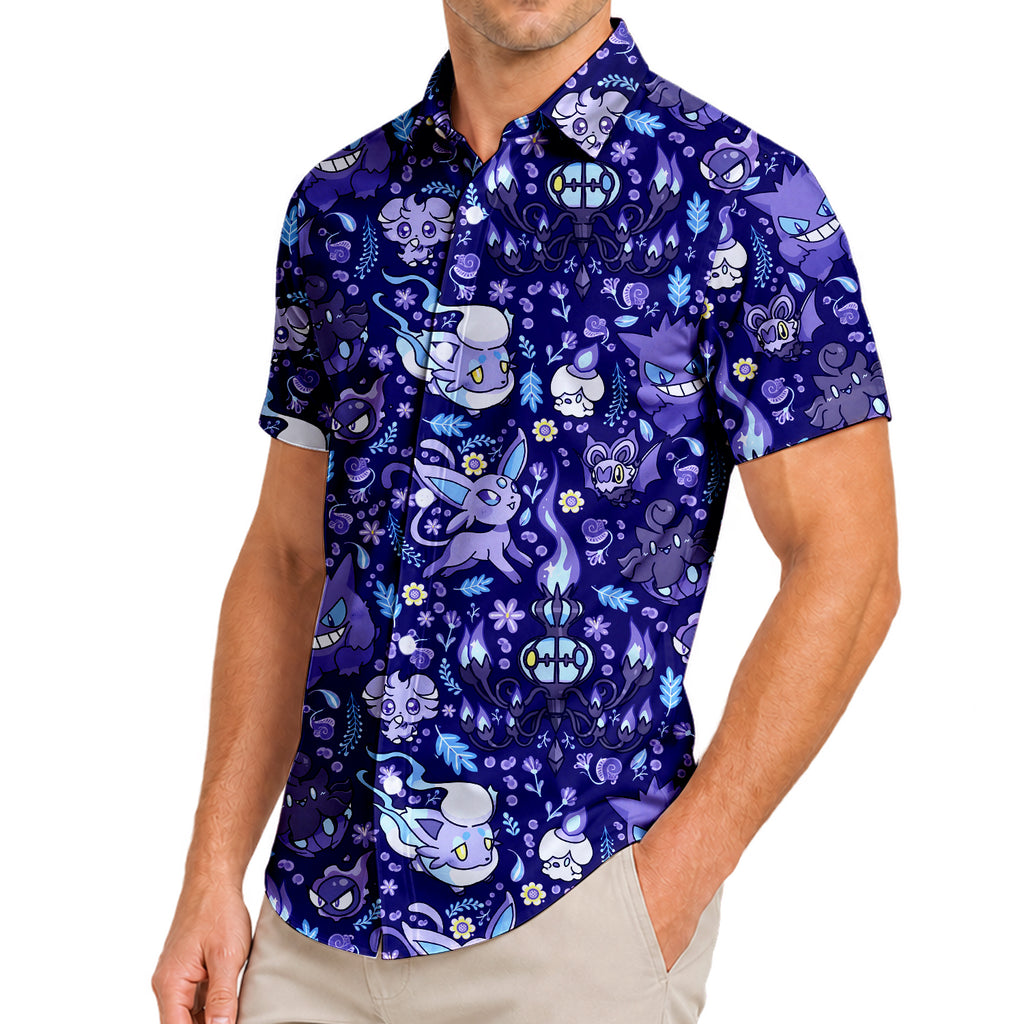 Men’s Pokémon Ghost-Type Floral Pattern Short Sleeve Button-Up Shirt