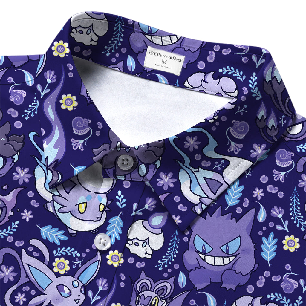 Men’s Pokémon Ghost-Type Floral Pattern Short Sleeve Button-Up Shirt