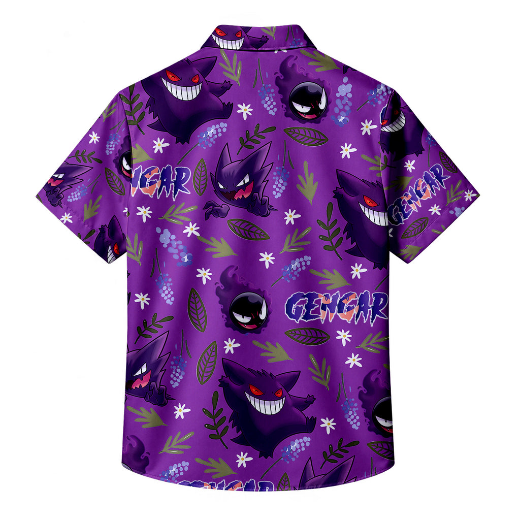 Men’s Pokémon Gengar Evolution Floral Pattern Short Sleeve Button-Up Shirt