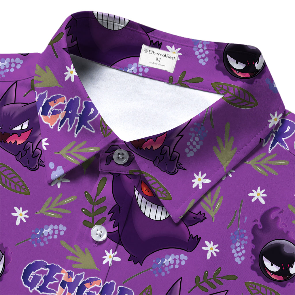 Men’s Pokémon Gengar Evolution Floral Pattern Short Sleeve Button-Up Shirt
