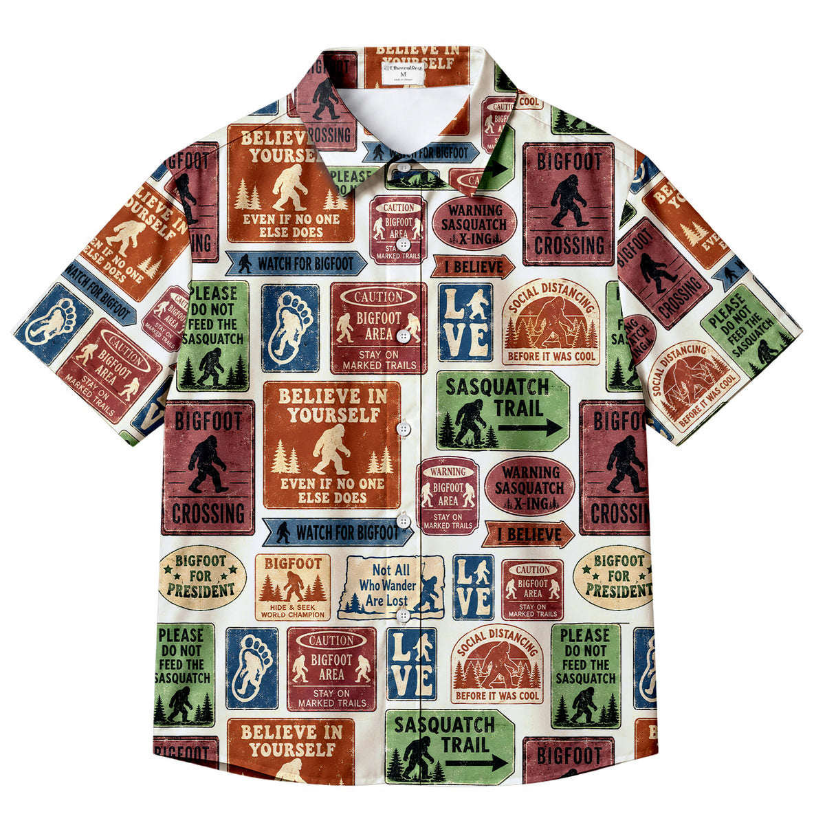 Men’s Vintage Bigfoot Signs Pattern Short Sleeve Button-Up Shirt