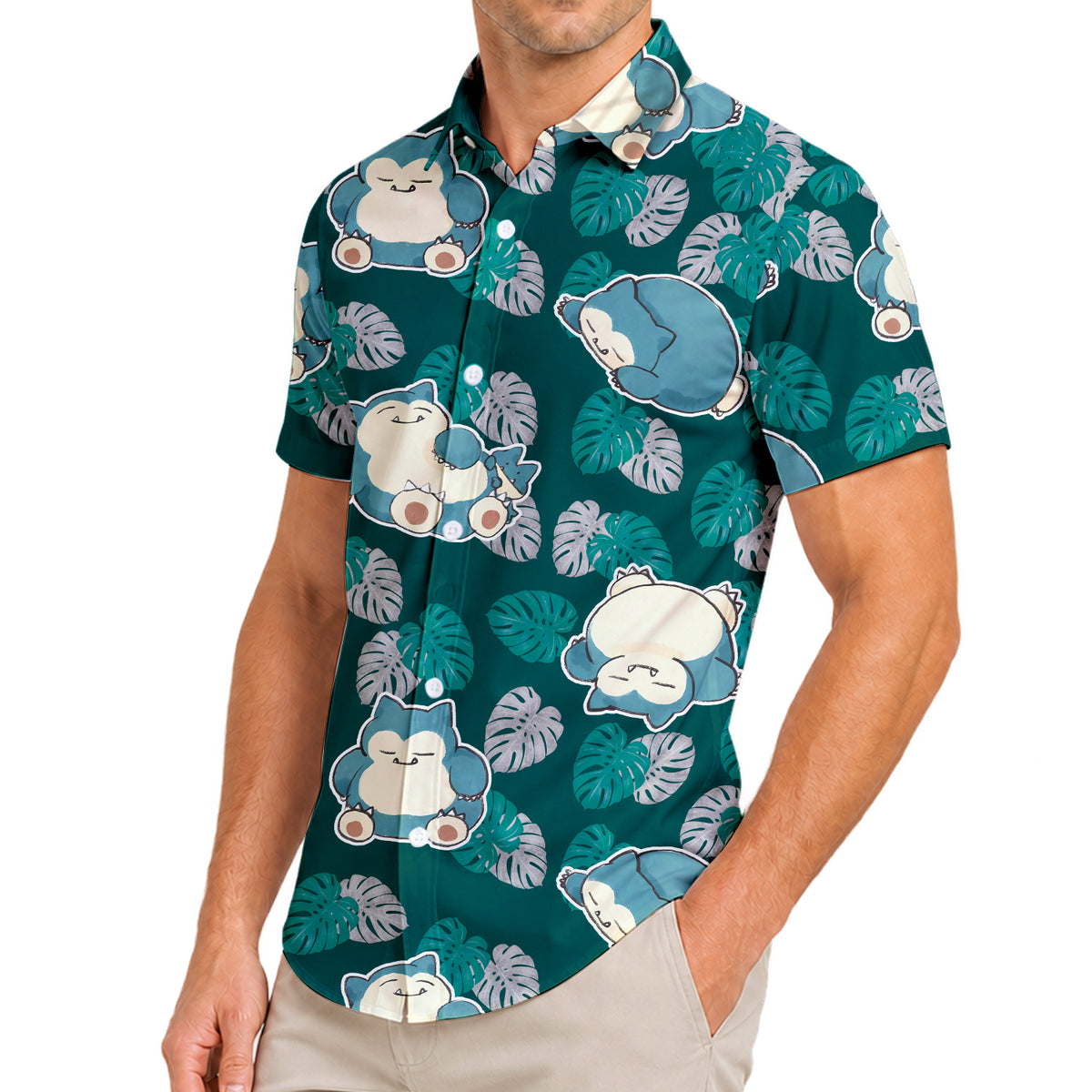 Men’s Pokémon Snorlax Tropical Leaf Short Sleeve Button-Up Shirt