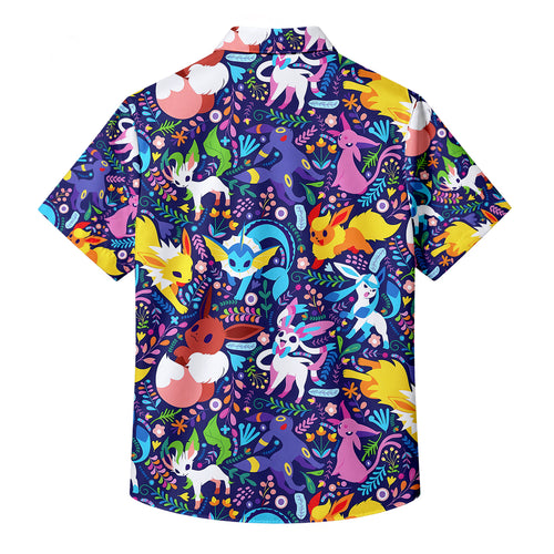Men’s Pokémon Eeveelution Floral Pattern Short Sleeve Button-Up Shirt