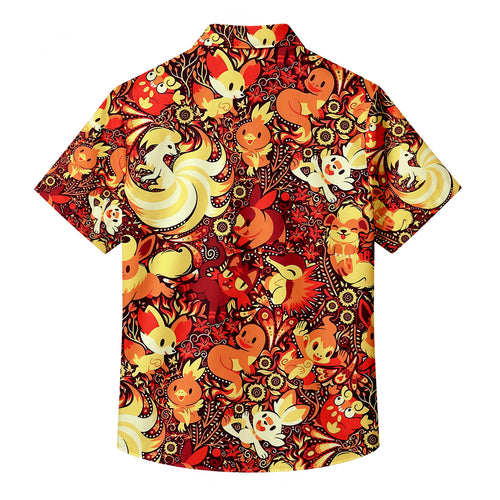 Men’s Pokémon Fire-Type Characters Floral Short Sleeve Button-Up Shirt