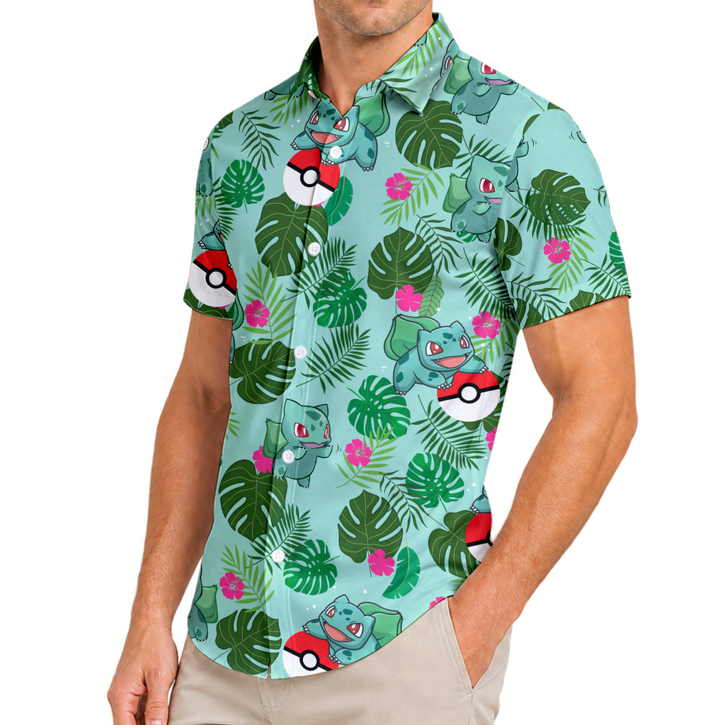 Men’s Pokémon Bulbasaur Tropical Leaf Short Sleeve Button-Up Shirt