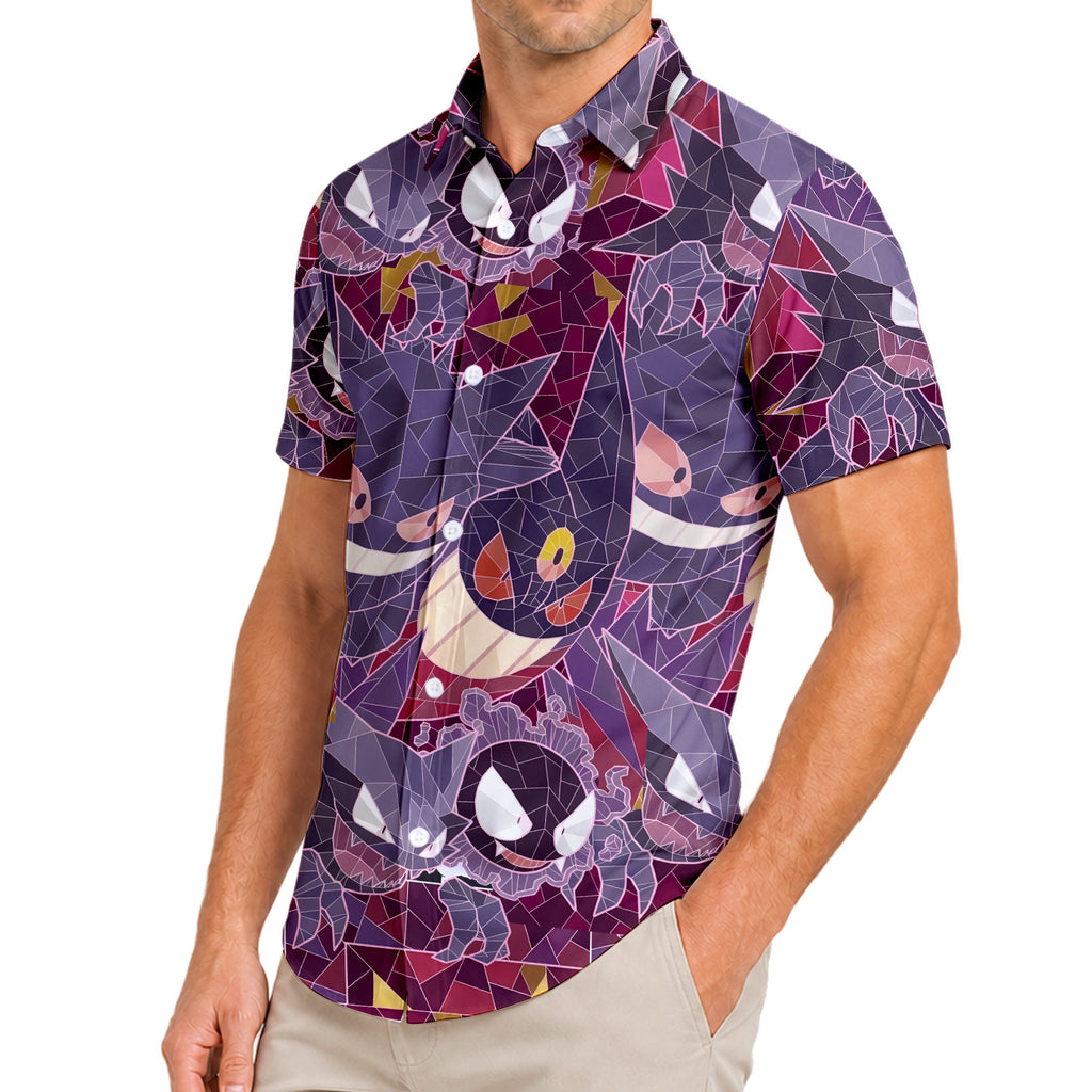 Men’s Pokémon Gengar and Gastly Stained Glass Short Sleeve Button-Up Shirt