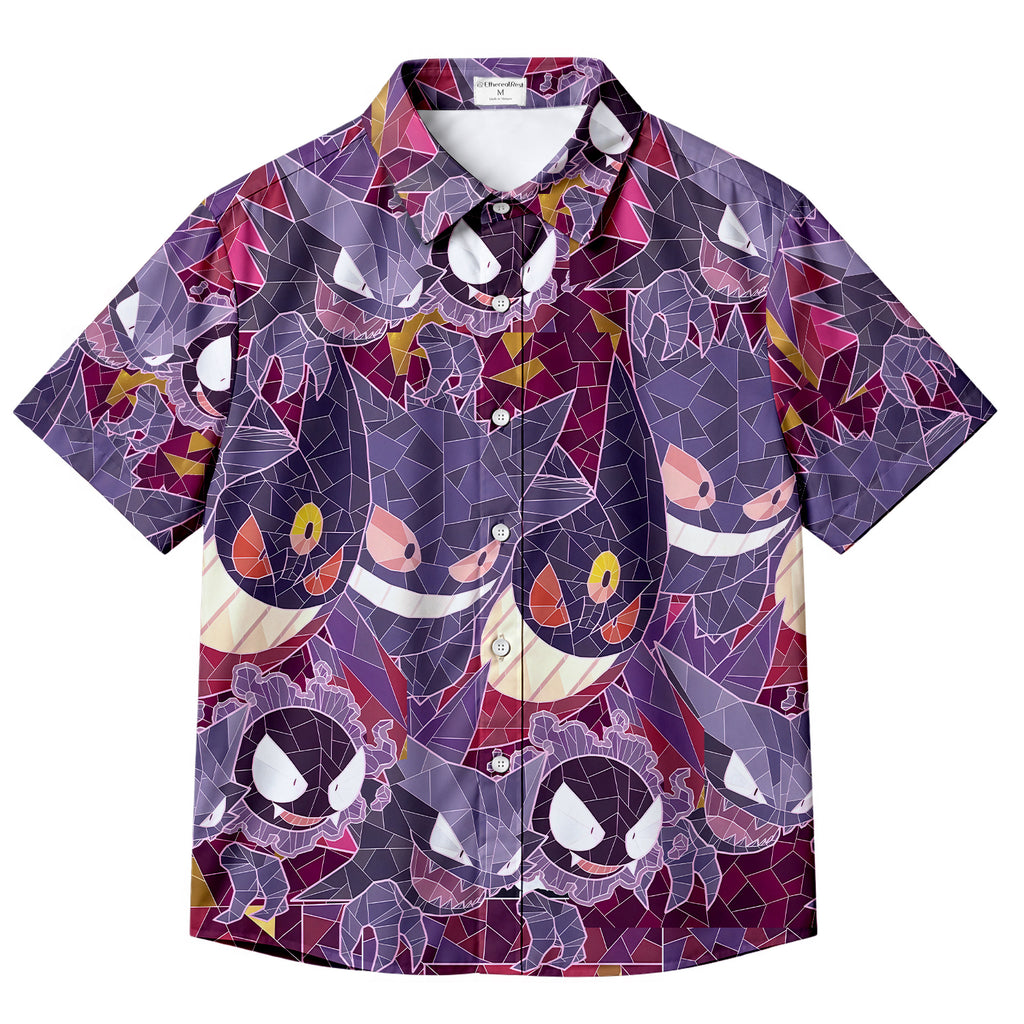 Men’s Pokémon Gengar and Gastly Stained Glass Short Sleeve Button-Up Shirt