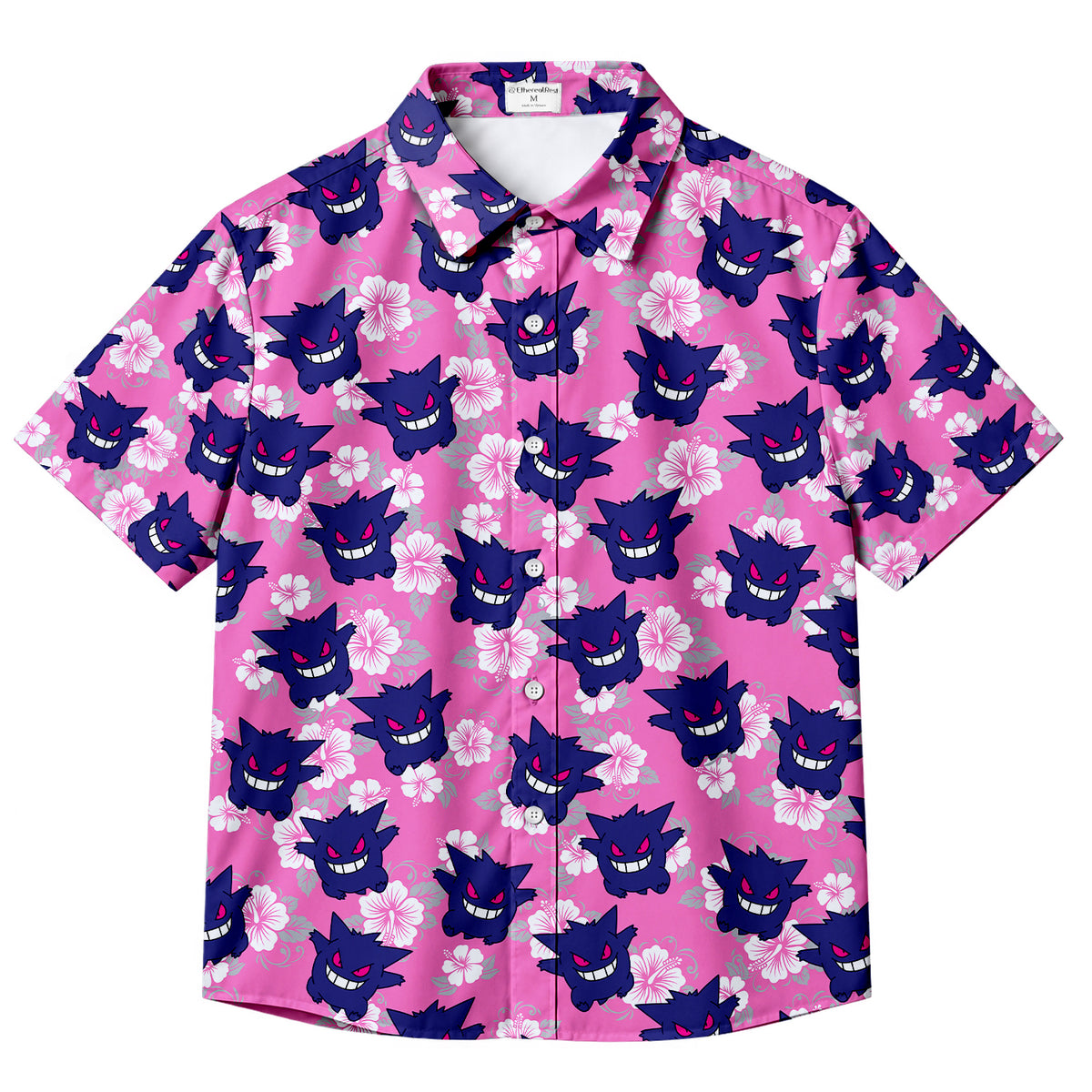 Men’s Pokémon Gengar Pink Floral Short Sleeve Button-Up Shirt