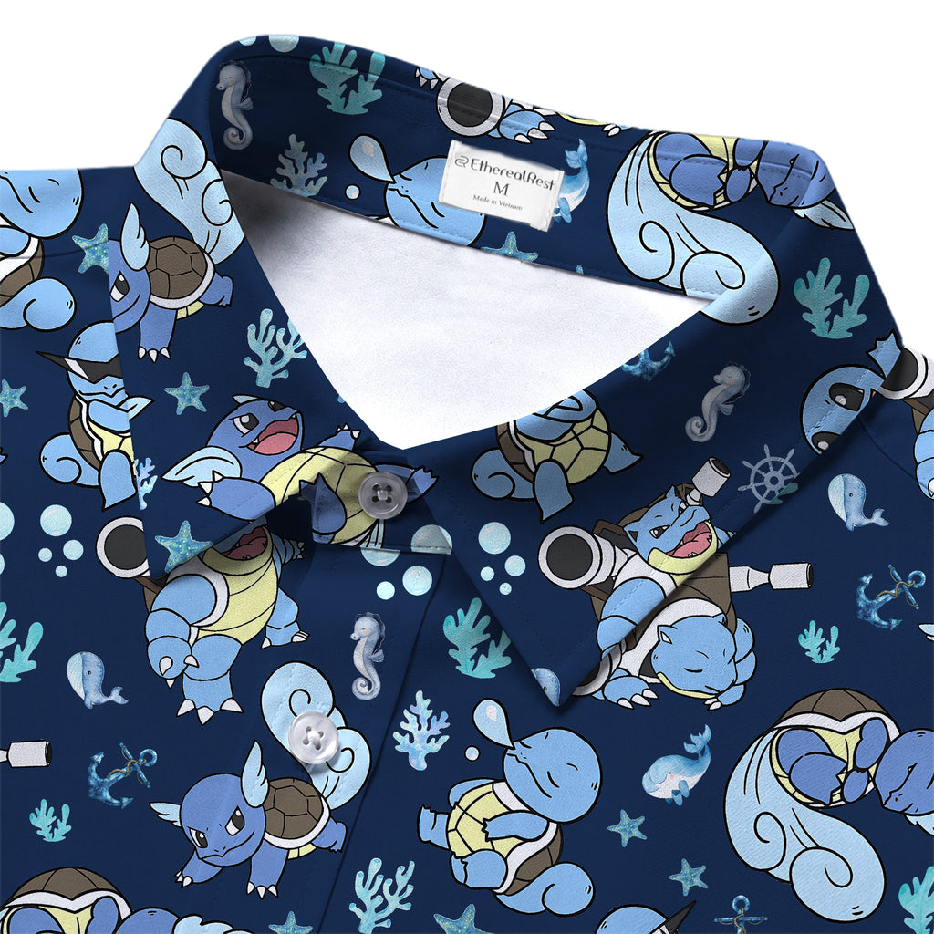 Men’s Pokémon Squirtle Evolution Ocean Pattern Short Sleeve Button-Up Shirt
