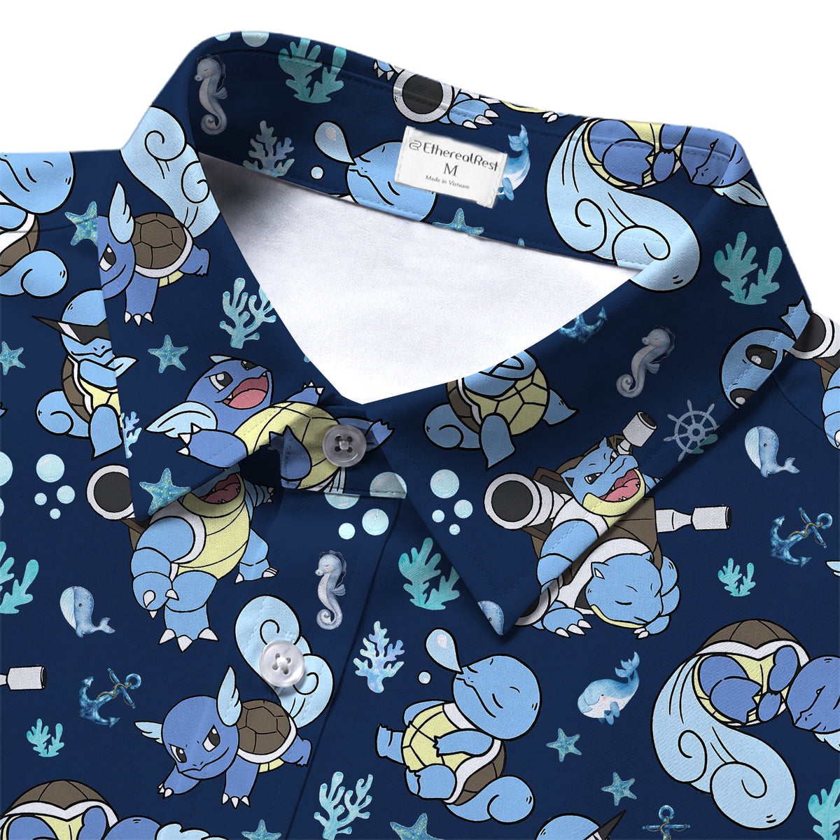 Men’s Pokémon Squirtle Evolution Ocean Pattern Short Sleeve Button-Up Shirt