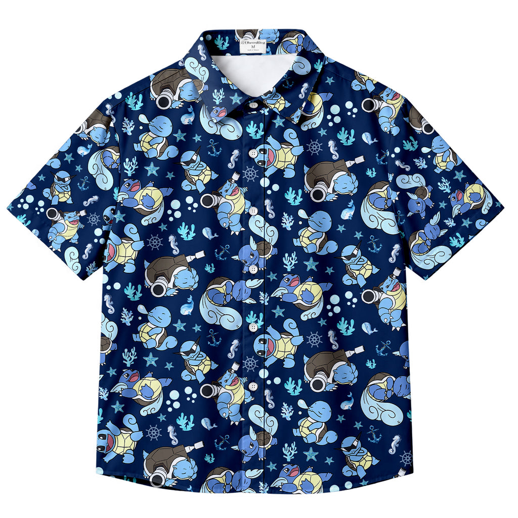 Men’s Pokémon Squirtle Evolution Ocean Pattern Short Sleeve Button-Up Shirt