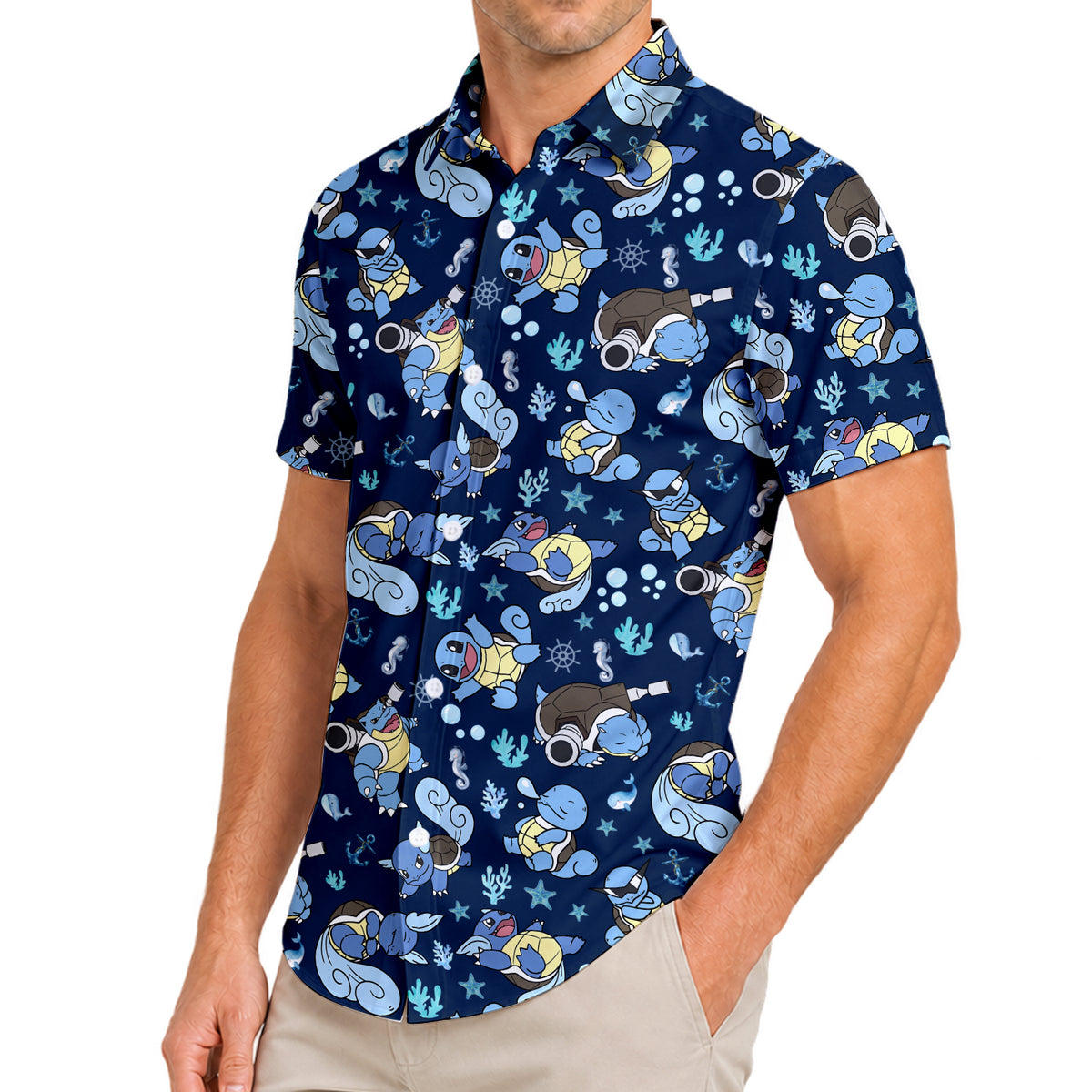 Men’s Pokémon Squirtle Evolution Ocean Pattern Short Sleeve Button-Up Shirt