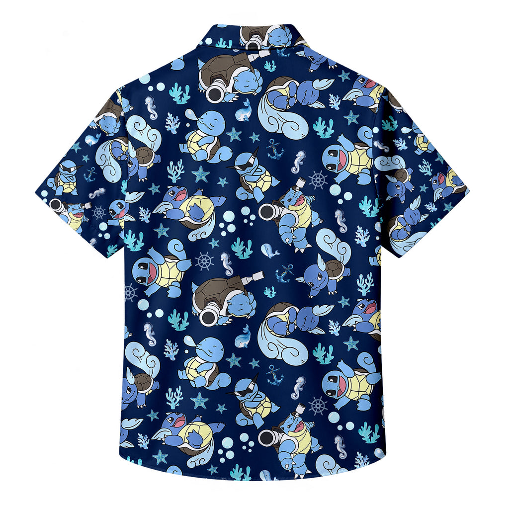 Men’s Pokémon Squirtle Evolution Ocean Pattern Short Sleeve Button-Up Shirt