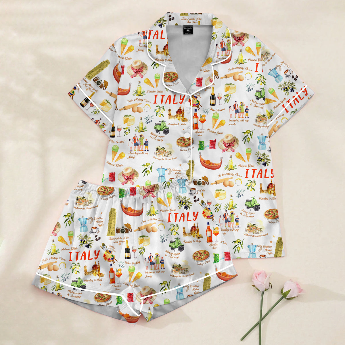 Women’s Italy Travel Food and Landmark Short Sleeve Pajama Set