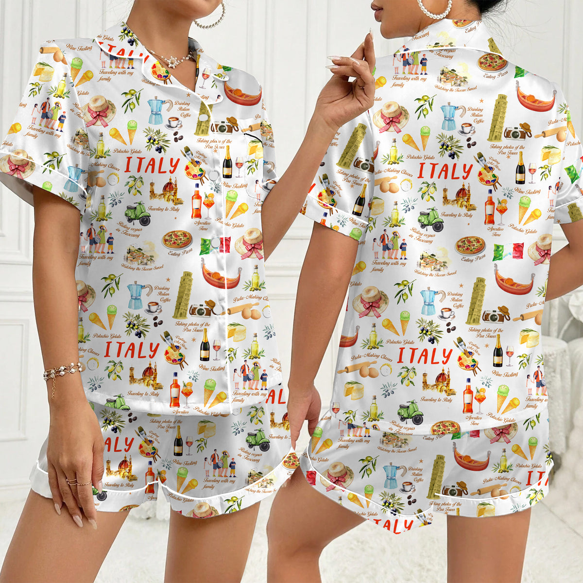 Women’s Italy Travel Food and Landmark Short Sleeve Pajama Set