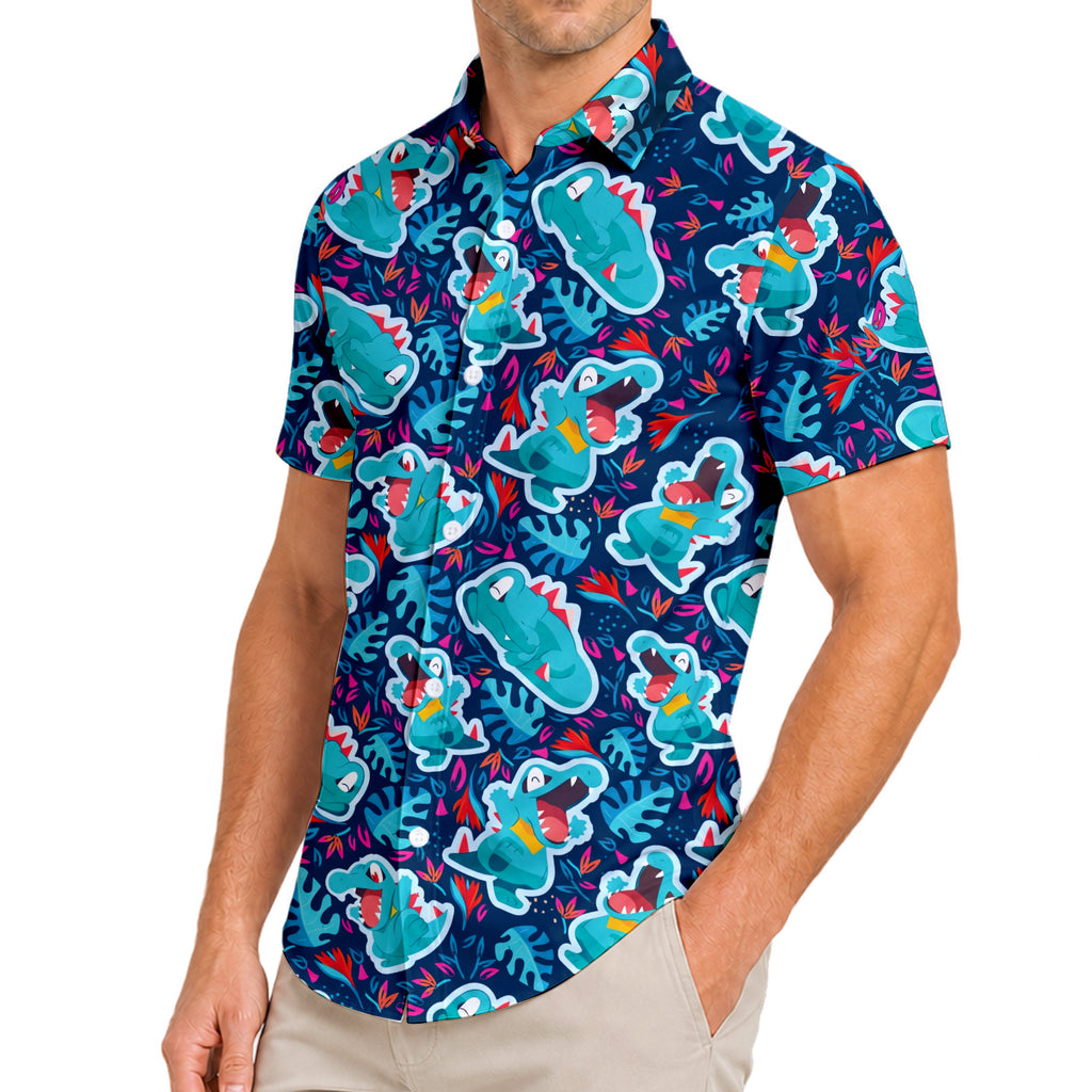 Men’s Pokémon Totodile Tropical Leaf Short Sleeve Button-Up Shirt