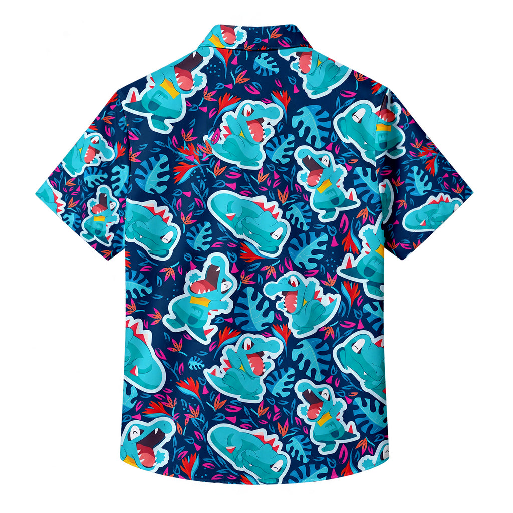 Men’s Pokémon Totodile Tropical Leaf Short Sleeve Button-Up Shirt
