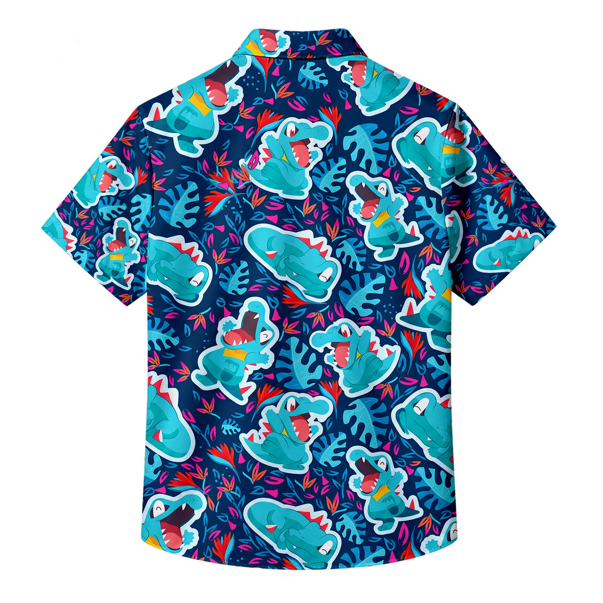 Men’s Pokémon Totodile Tropical Leaf Short Sleeve Button-Up Shirt