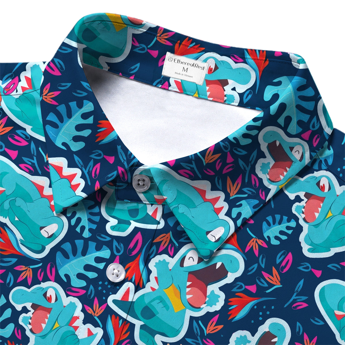 Men’s Pokémon Totodile Tropical Leaf Short Sleeve Button-Up Shirt