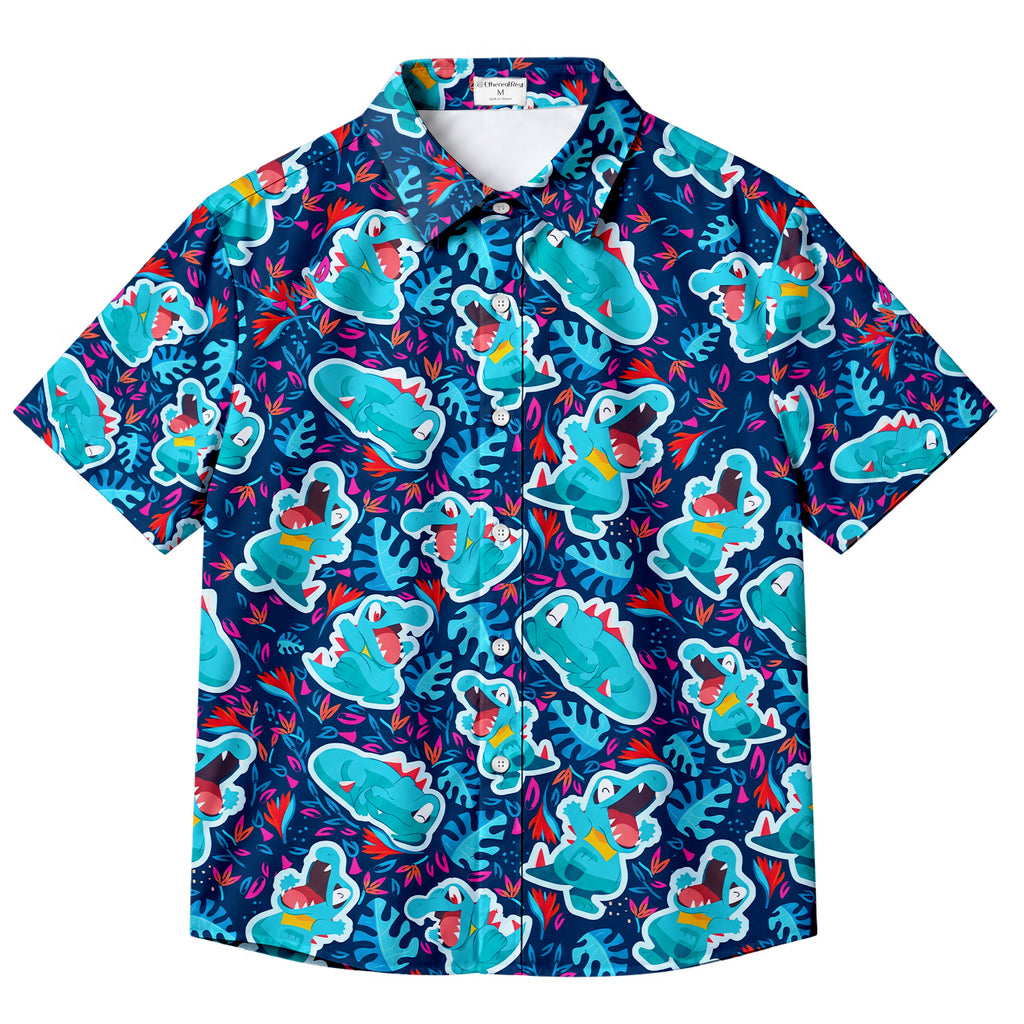 Men’s Pokémon Totodile Tropical Leaf Short Sleeve Button-Up Shirt