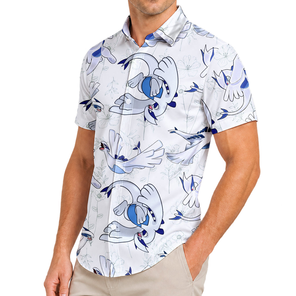 Men’s Pokémon Lugia Floral Pattern Short Sleeve Button-Up Shirt