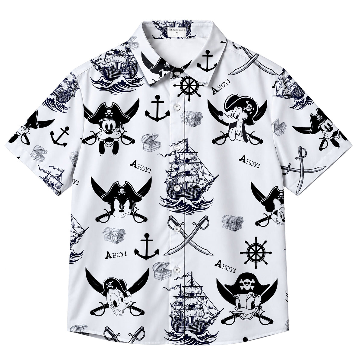 Men’s Disney Goofy Donald and Daisy Pirate Nautical Short Sleeve Button-Up Shirt