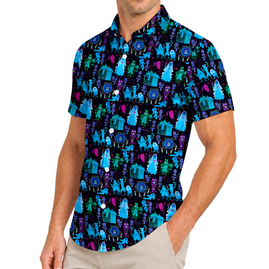 Men’s Disney Haunted Mansion Neon Character Pattern Short Sleeve Button-Up Shirt