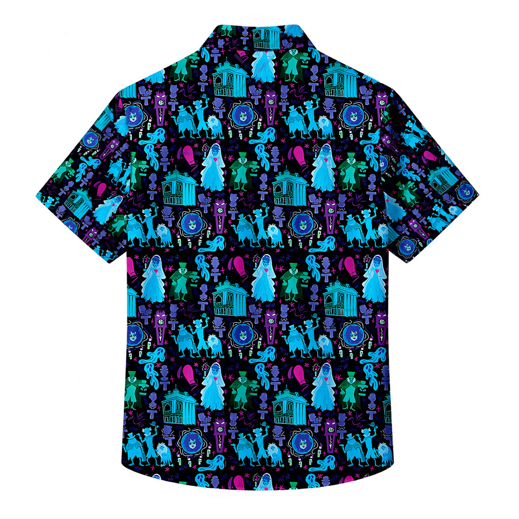 Men’s Disney Haunted Mansion Neon Character Pattern Short Sleeve Button-Up Shirt