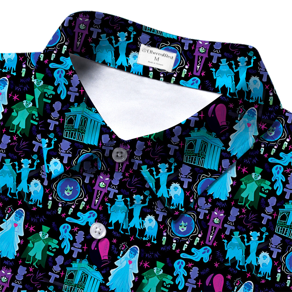 Men’s Disney Haunted Mansion Neon Character Pattern Short Sleeve Button-Up Shirt
