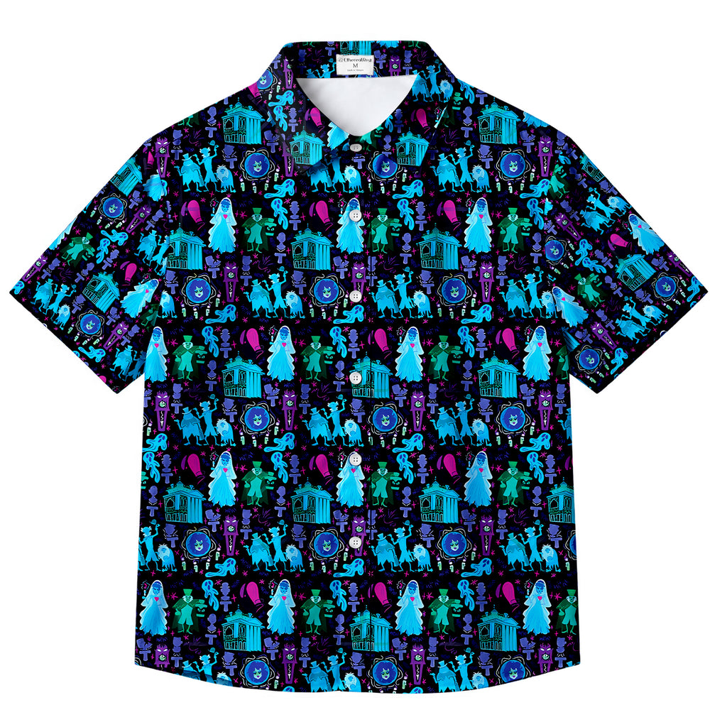 Men’s Disney Haunted Mansion Neon Character Pattern Short Sleeve Button-Up Shirt