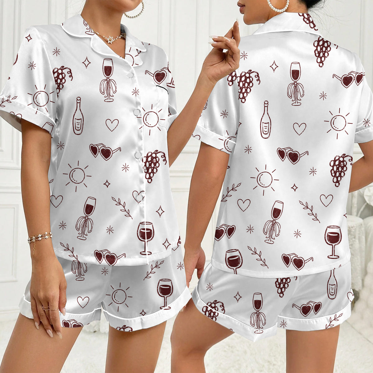 Women’s Wine and Grapes Summer Pattern Short Sleeve Pajama Set