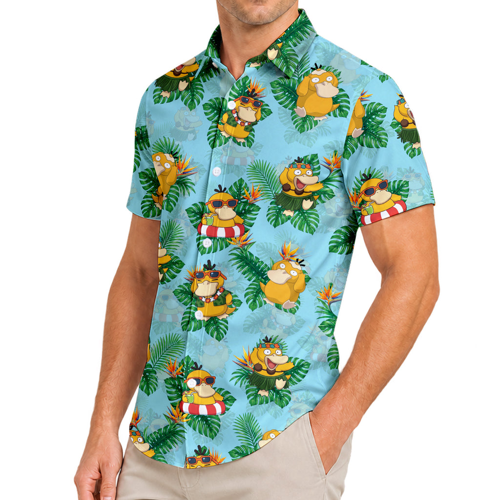 Men’s Pokémon Psyduck Tropical Leaf Short Sleeve Button-Up Shirt