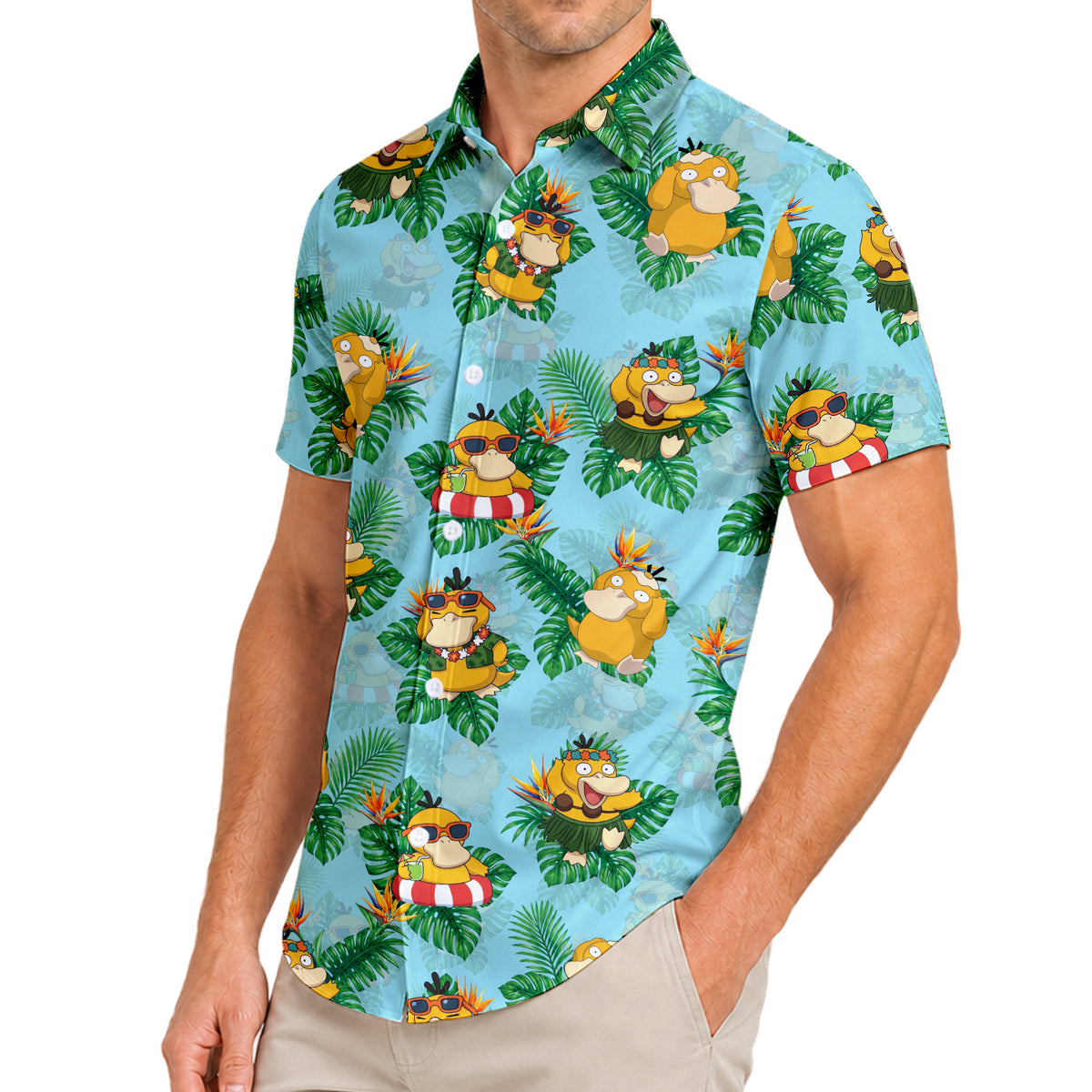 Men’s Pokémon Psyduck Tropical Leaf Short Sleeve Button-Up Shirt