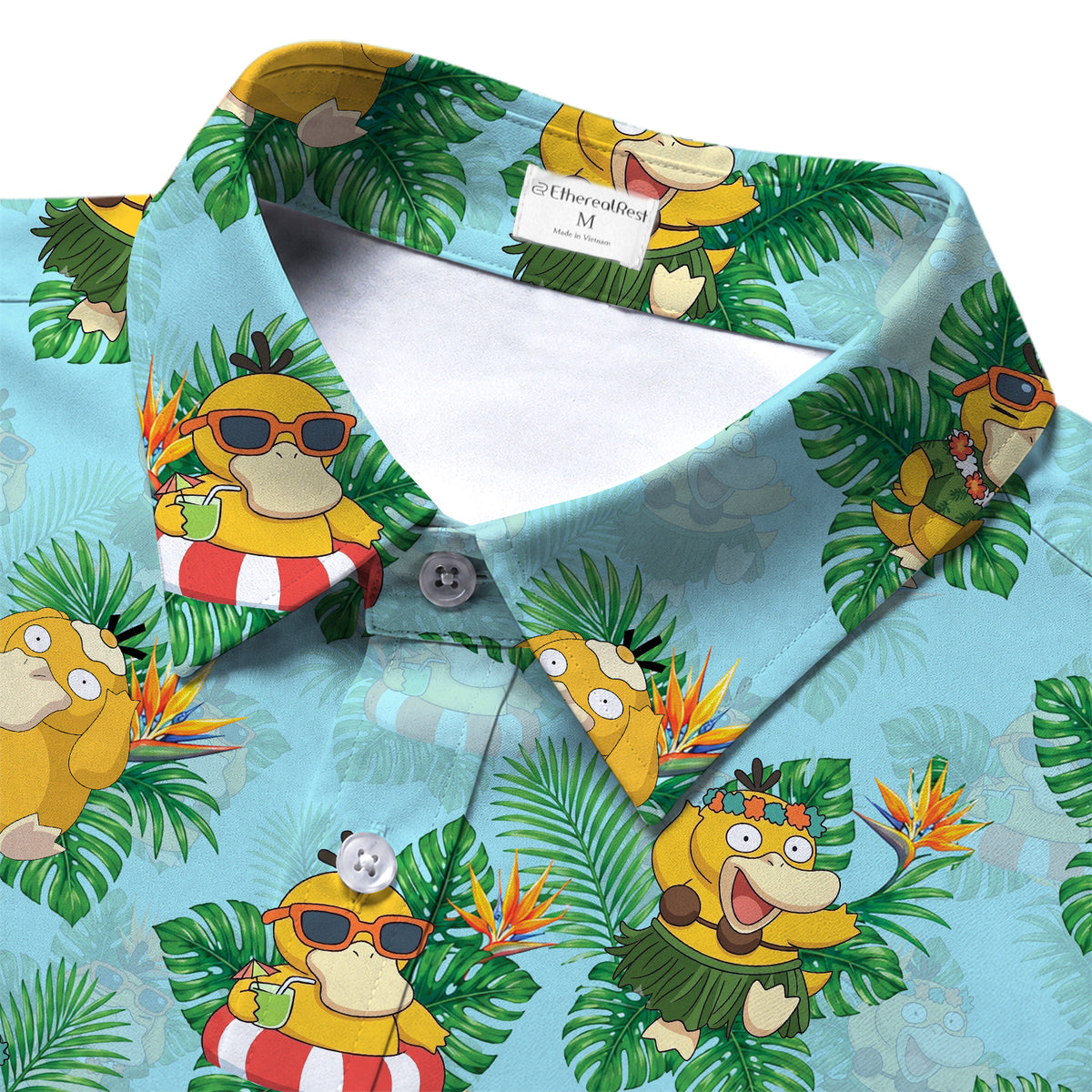 Men’s Pokémon Psyduck Tropical Leaf Short Sleeve Button-Up Shirt