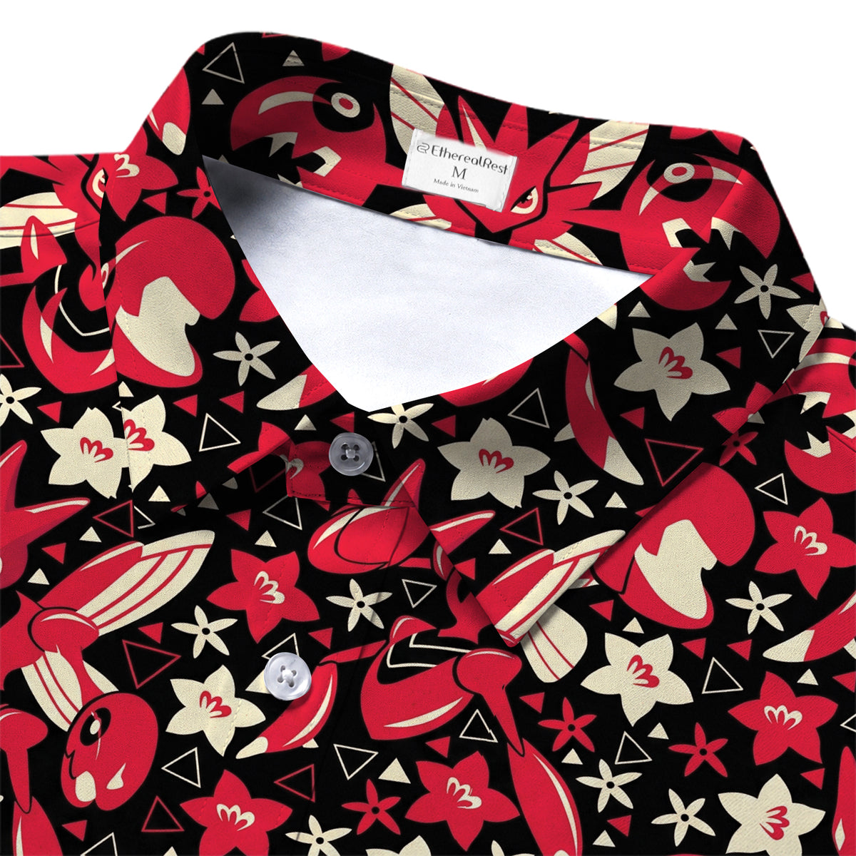 Men’s Pokémon Scizor Floral Pattern Short Sleeve Button-Up Shirt