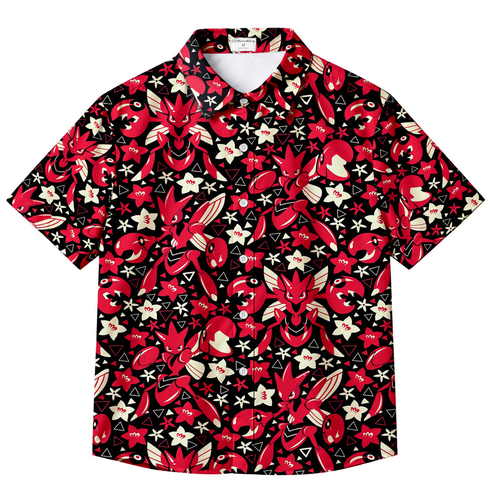 Men’s Pokémon Scizor Floral Pattern Short Sleeve Button-Up Shirt