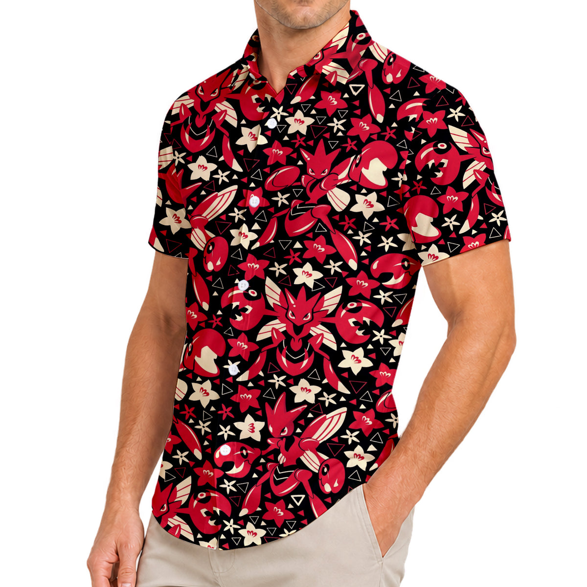 Men’s Pokémon Scizor Floral Pattern Short Sleeve Button-Up Shirt