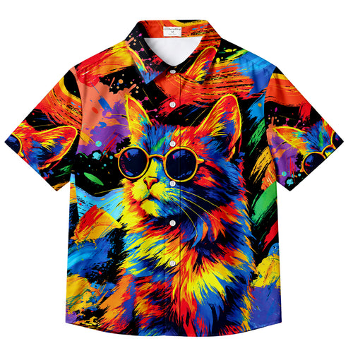 Men’s Colorful Cat with Sunglasses Graphic Short Sleeve Button-Up Shirt