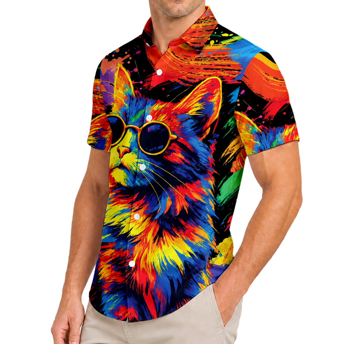 Men’s Colorful Cat with Sunglasses Graphic Short Sleeve Button-Up Shirt