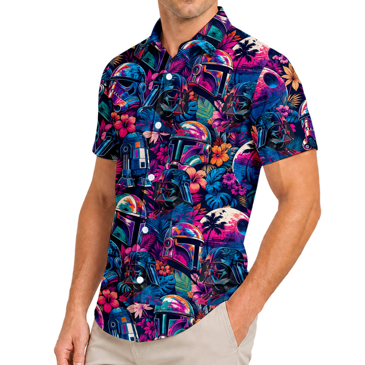 Men’s Star Wars Tropical Floral Character Collage Short Sleeve Button-Up Shirt