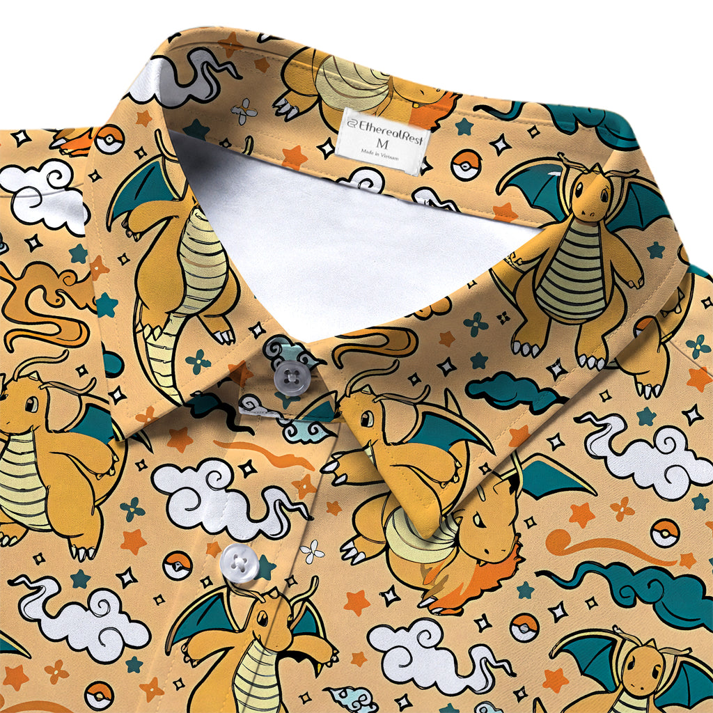 Men’s Pokémon Dragonite Cloud Pattern Short Sleeve Button-Up Shirt