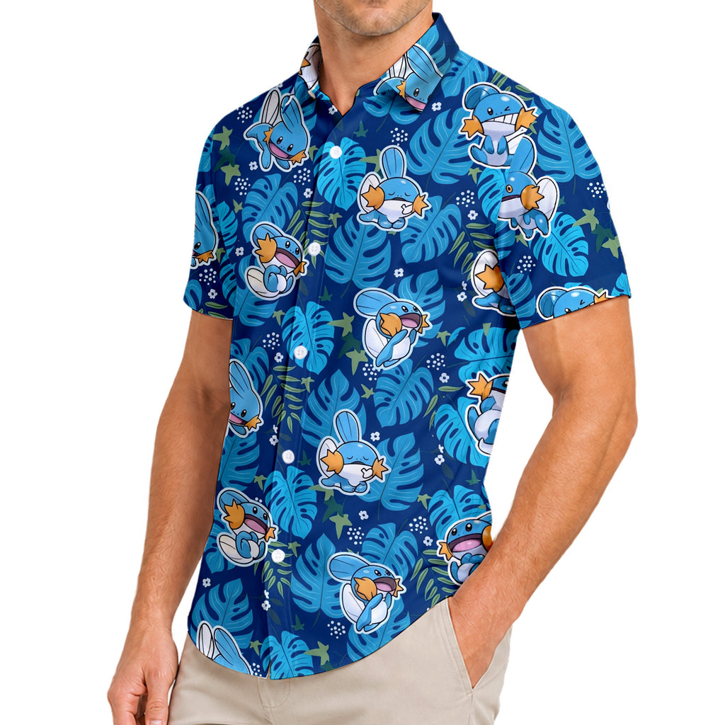 Men’s Pokémon Mudkip Tropical Leaf Pattern Short Sleeve Button-Up Shirt