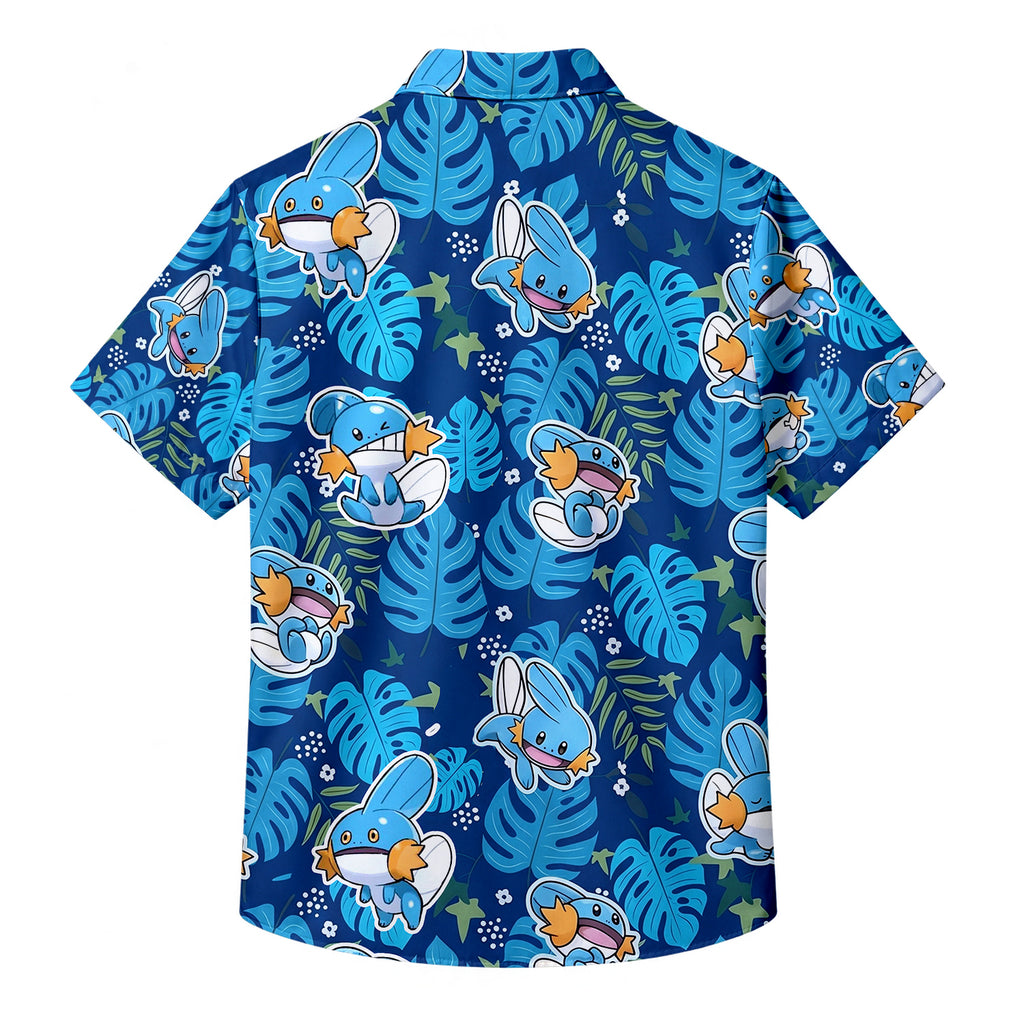 Men’s Pokémon Mudkip Tropical Leaf Pattern Short Sleeve Button-Up Shirt