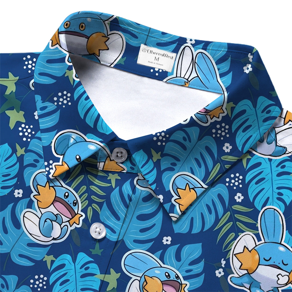 Men’s Pokémon Mudkip Tropical Leaf Pattern Short Sleeve Button-Up Shirt