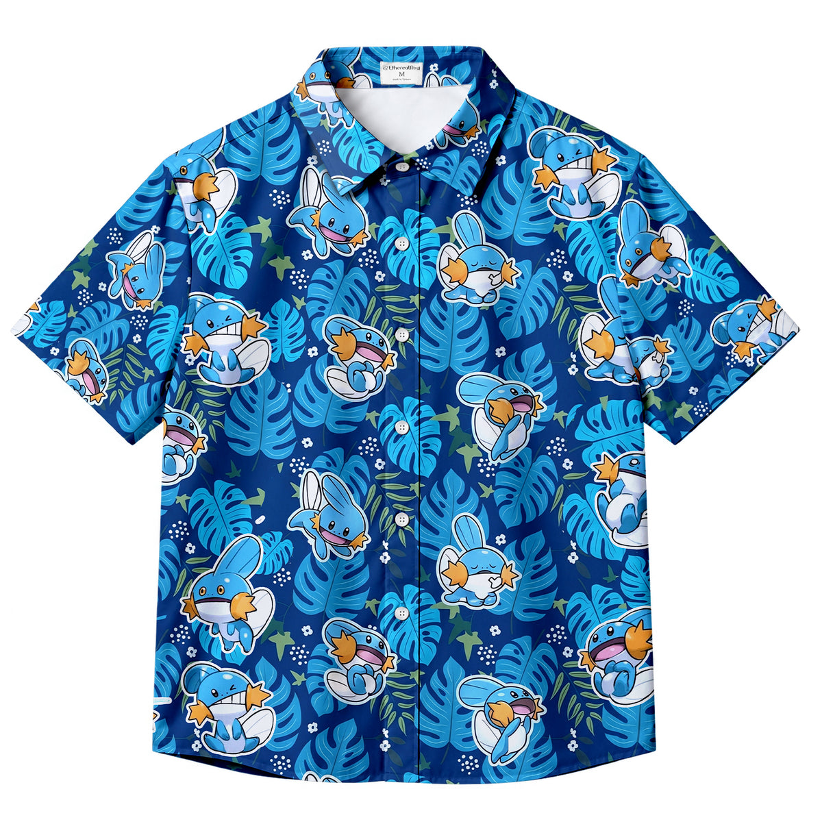 Men’s Pokémon Mudkip Tropical Leaf Pattern Short Sleeve Button-Up Shirt