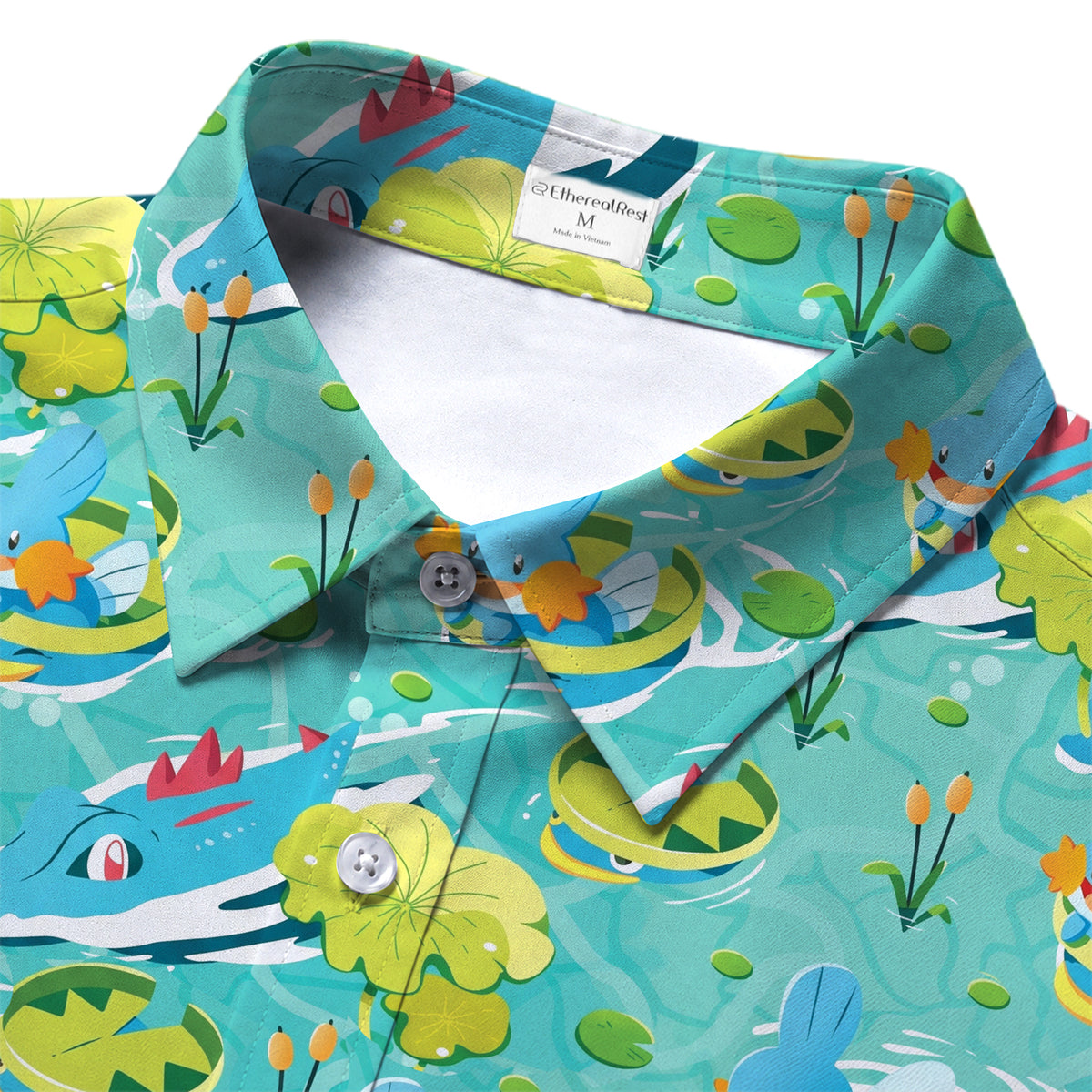 Men’s Pokémon Mudkip and Feraligatr Pond Pattern Short Sleeve Button-Up Shirt